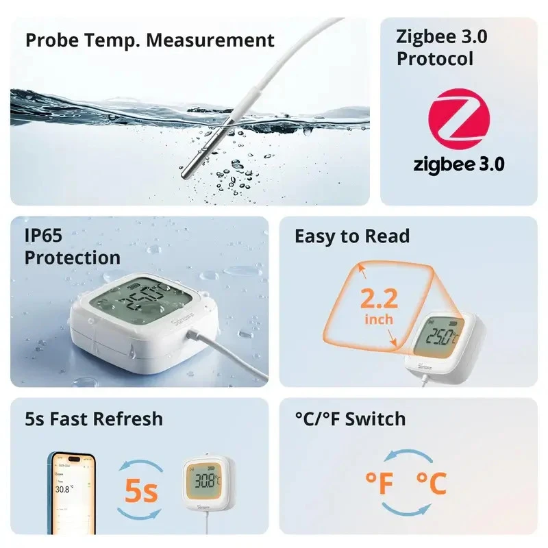 SONOFF SNZB-02LD IP65 Zigbee LCD inteligentný teplomer (verzia so sondou)