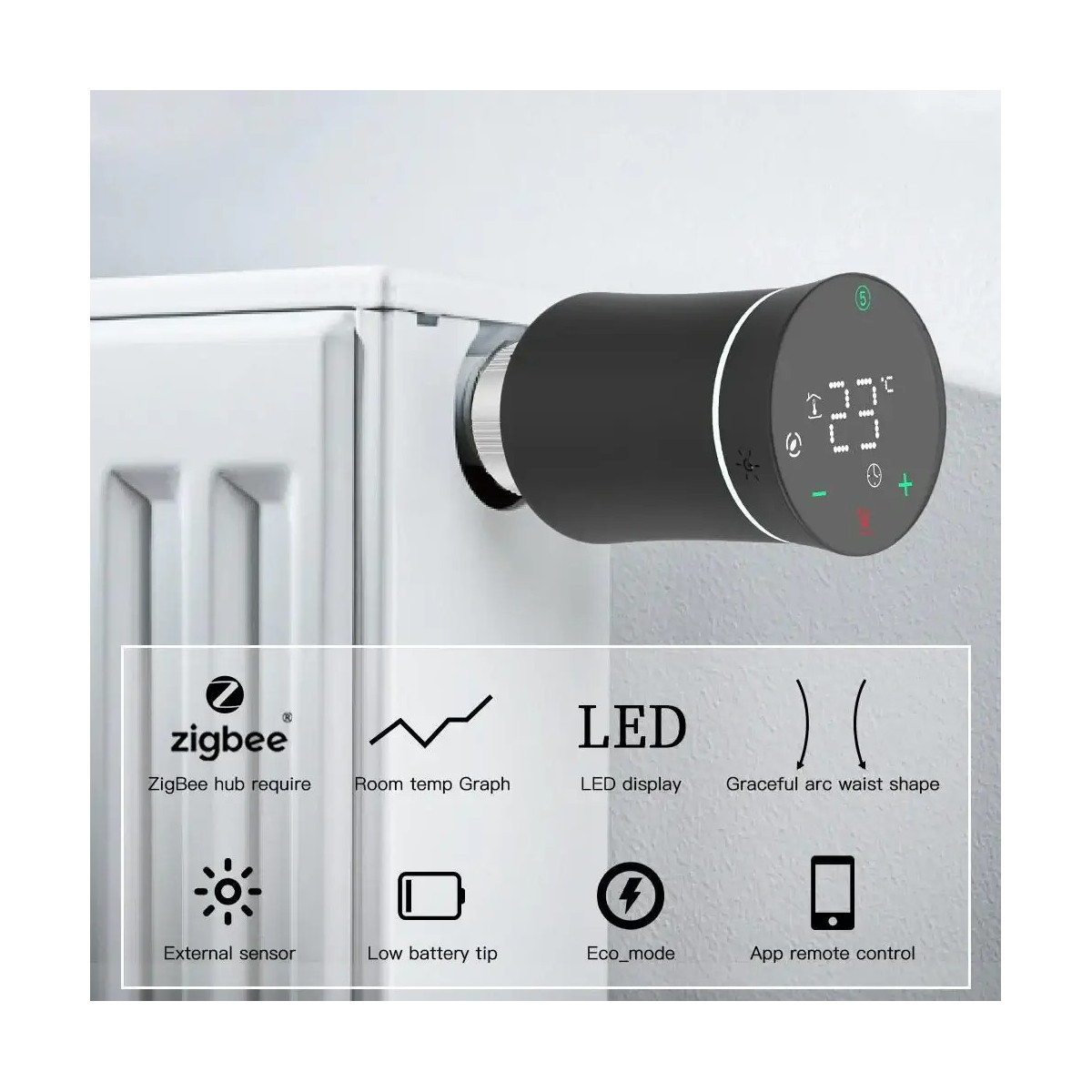 MOES ZigBee Tuya Inteligentný radiátorový ventil TRV BRT 100 Mini, čierny