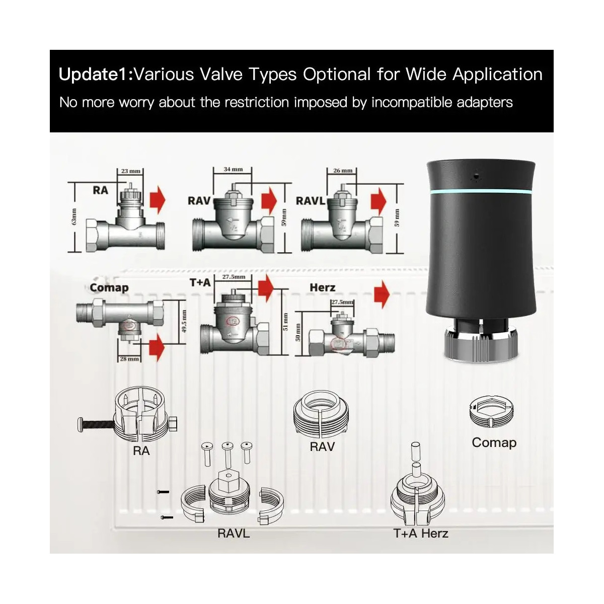 MOES ZigBee Tuya Inteligentný radiátorový ventil TRV BRT 100 Mini, čierny