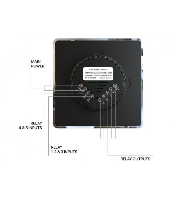 HELTUN Touch Panel Switch Quinto (HE-TPS05-SK), Z-Wave wall switch 5 buttons, Čierne sklo Strieborný rám
