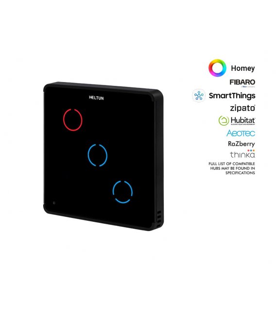 HELTUN Touch Panel Switch Trio (HE-TPS03-MKK), Z-Wave wall switch 3 buttons, Black