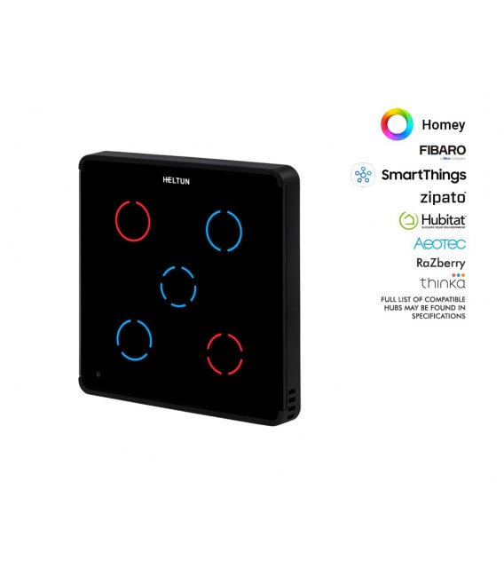 HELTUN Touch Panel Switch Quinto (HE-TPS05-MKK), Z-Wave wall switch 5 buttons, Black