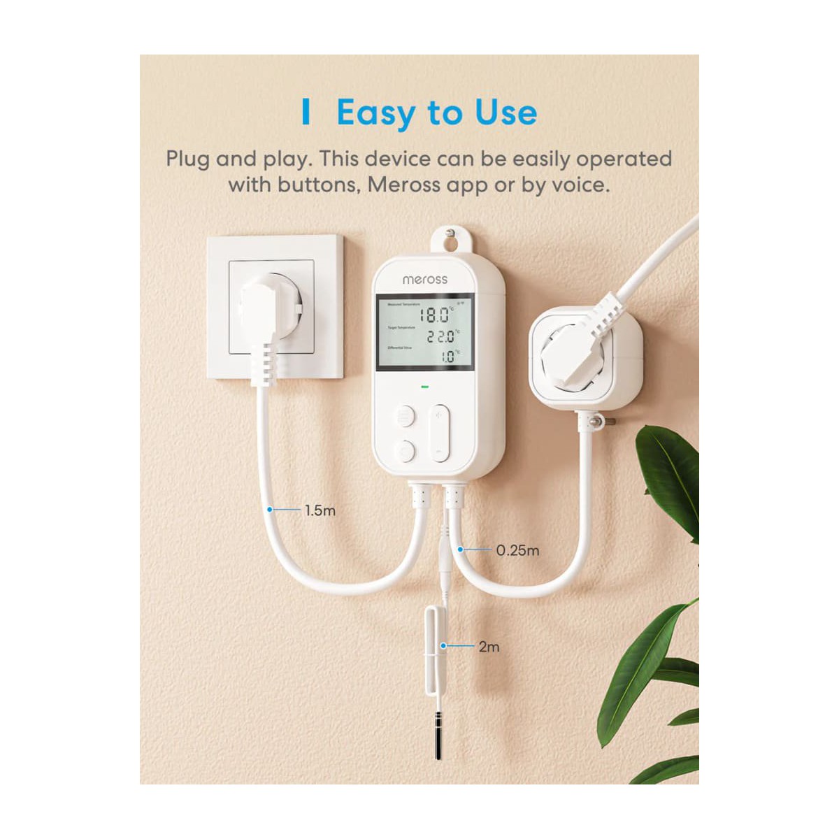 Meross Smart Wi-Fi Socket Thermostat, Heating & Cooling, MTS960HK (EU version)