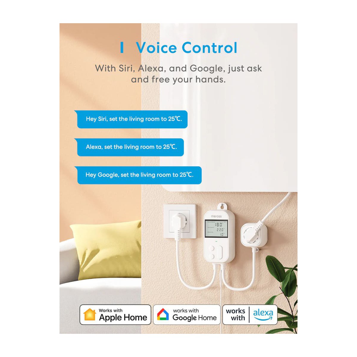 Meross Smart Wi-Fi Socket Thermostat, Heating & Cooling, MTS960HK (EU version)