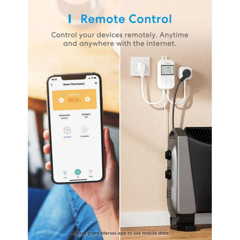 Meross Smart Wi-Fi Socket Thermostat, Heating & Cooling, MTS960HK (EU version)