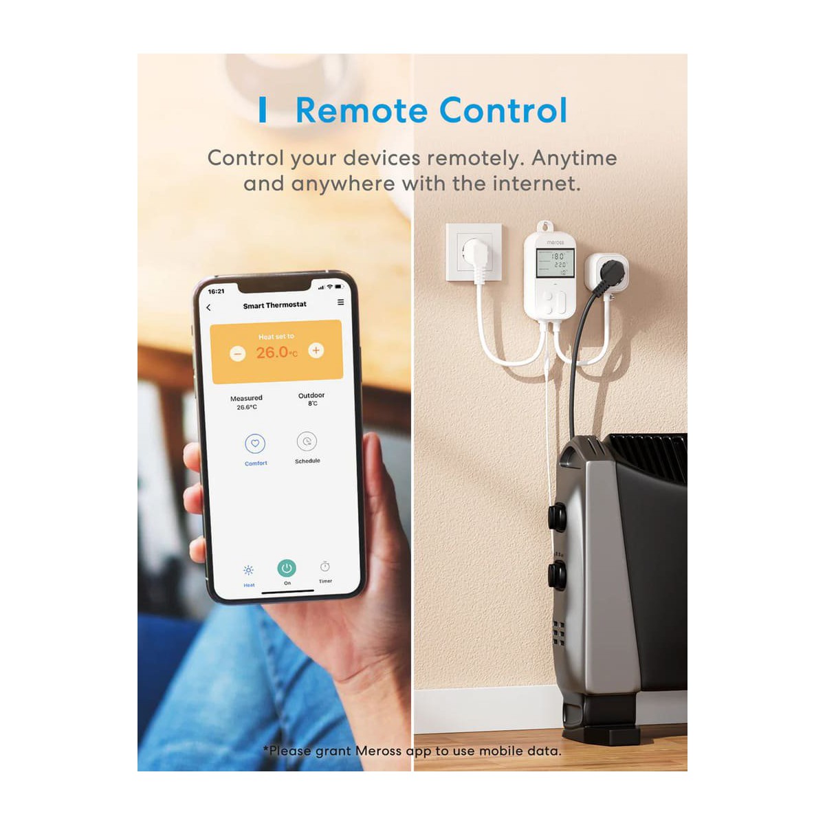 Meross Smart Wi-Fi Socket Thermostat, Heating & Cooling, MTS960HK (EU version)