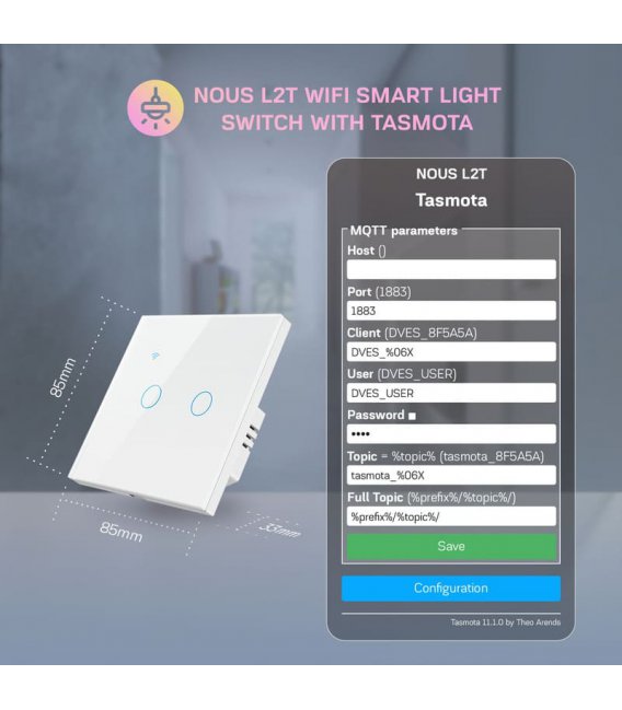 Nous L2T WiFi Smart Světelný vypínač s Tasmota firmwarem (2 kanály)