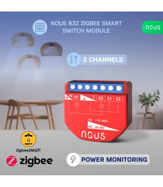 Nous B3Z ZigBee Smart Switch Module (2 channels, with PM)