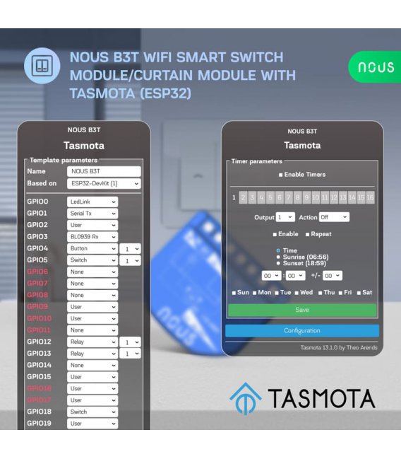 Nous B3T WiFi Tasmota Switch Module (2 channel with PM) / Curtain Module (1 channel, ESP32)