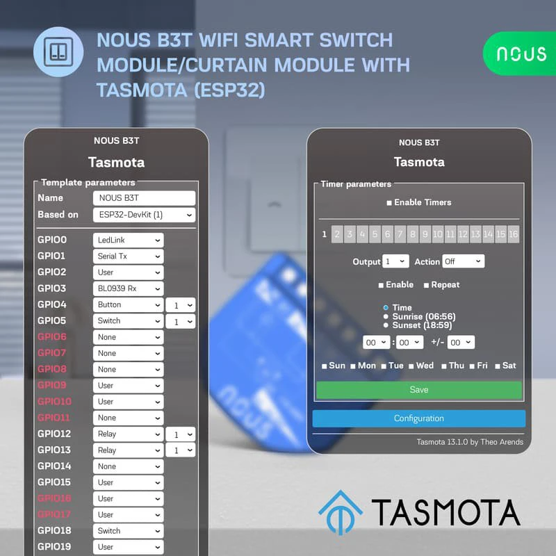 Nous B3T WiFi Tasmota Switch Module (2 channel with PM) / Curtain Module (1 channel, ESP32)