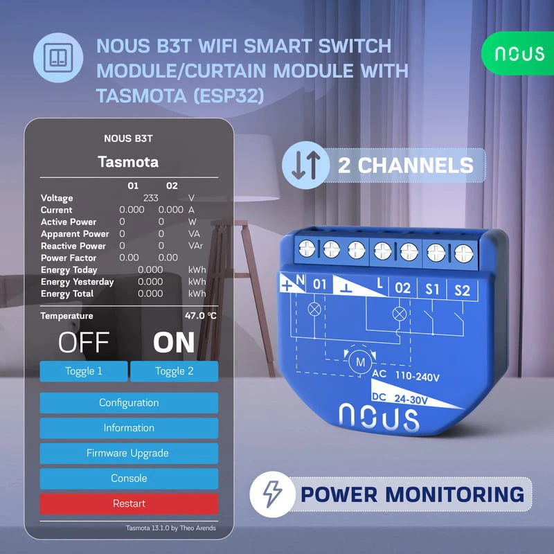 Nous B3T WiFi Tasmota Switch Module (2 channel with PM) / Curtain Module (1 channel, ESP32)